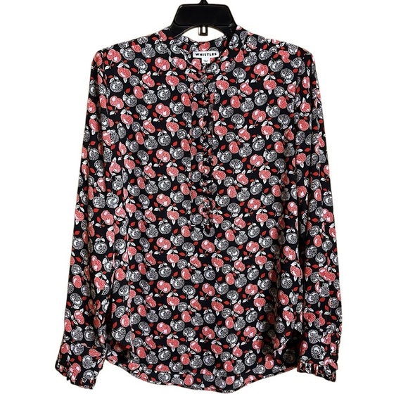 Whistles Red Black Cherry Apple Print Long Sleeve Collarless Blouse US Size 8 - Picture 1 of 11